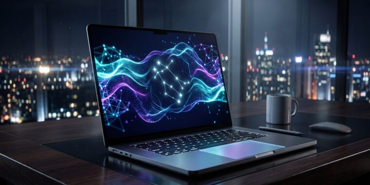 Googlebook 笔记本开盖,屏幕内 Gemini AI 流光,暗调办公桌夜景