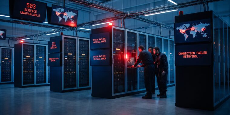 Global AI outage scene: data center with red emergency lights, monitors showing error messages, 16:9 cinematic.