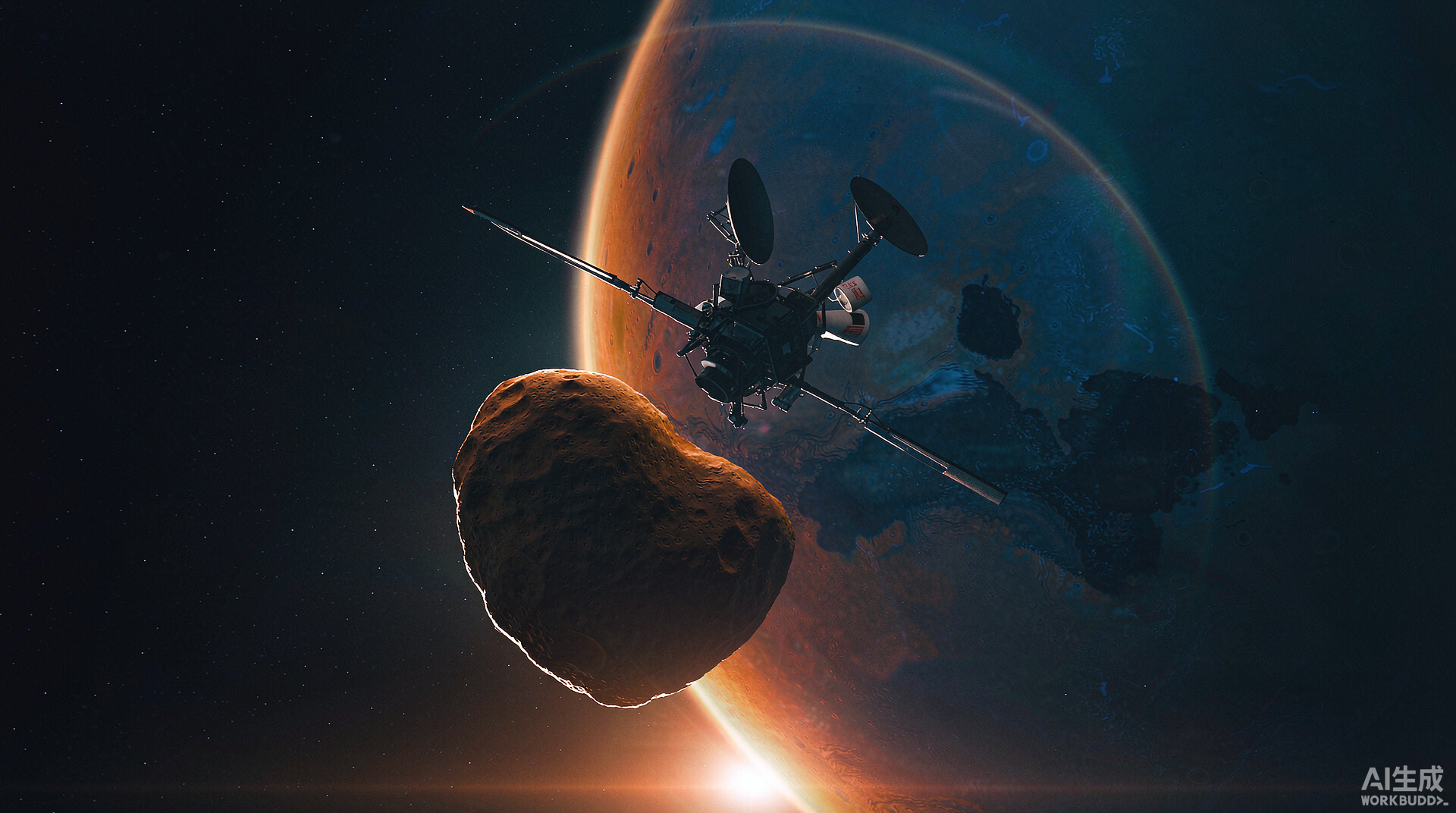 JAXA MMX 火星卫星采样返回任务想象图:探测器接近火卫一,火星在背景中