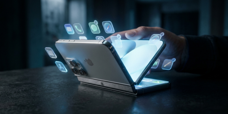 苹果折叠屏 iPhone Duo 半展开状态,周围漂浮着被贴上优化标签的应用图标